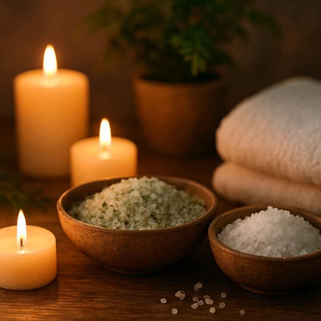Reinigendes Bad mit Salz und Kerzen