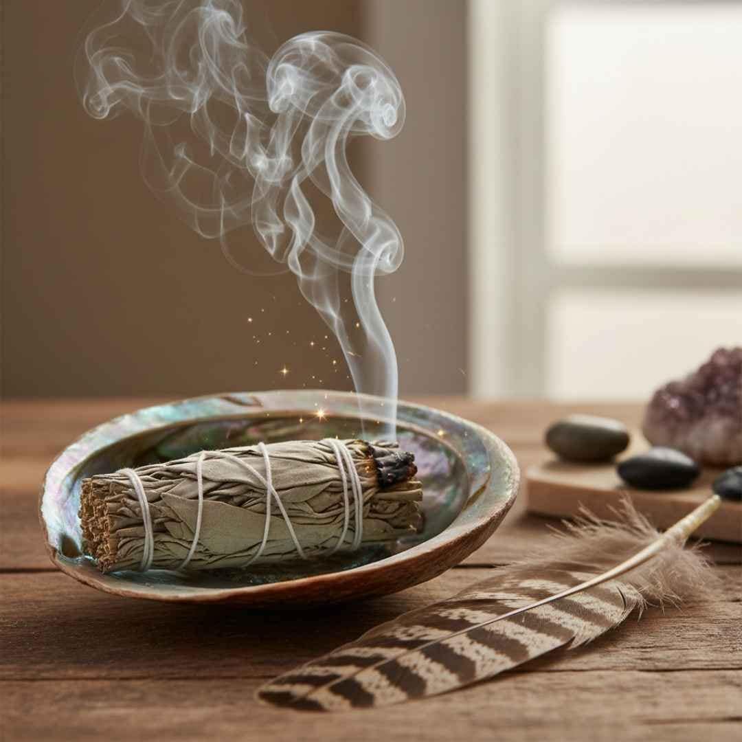 Weißer Salbei Smudge Stick mit aufsteigendem Rauch